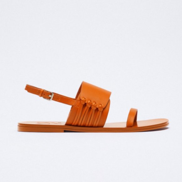 ZARA 100% LEATHER ORANGE KNOTTED FLAT LEATHER SANDALS - Picture 2 of 9